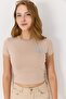 Women's Short Sleeve Stoned Crop Blouse Beige - 4