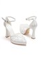 Women's White Platform Heeled Wedding Dress Shoes with Stone Detail and Tulle Ankle Tie Evening Dress Shoes - 5