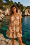Women's Camel Leaf Patterned Short Sleeve Tie Back Layered Mini Summer Dress - 3