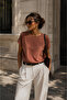 Women's Brown Stone Detailed Short Sleeve Viscose Blouse