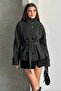 Arven High Collar Belted Short Lined Checked Coat Anthracite