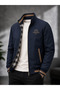 Embroidered Plaid Lined Stand Collar Zippered Seasonal Coat & Jacket Navy Blue - 2