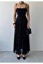 Women's Black Midi Dress with Thin Straps, Square Neck, Embroidered Tulle Evening Dress - 2