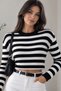 Women's Black and White Striped Knitwear Sweater Crew Neck Long Sleeve Basic Sweater