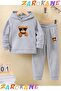 Bear with Glasses Printed Winter Children's Hooded Cotton Inside-Out Tracksuit Set (Bottom Tracksuit with Pockets)