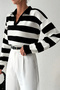 Women's Striped Knitwear Sweater Polo Neck Long Sleeve Knitted Sweater - 2