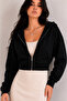 Women's Black Crop Zipper Hooded Sweatshirt Cardigan - 3