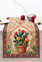 40X140 cm Digital Printed Decorative Table Runner Inspired by Cactus and Flower Motifs in a Pot and Tile Design - 3