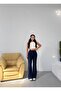 Women's Navy Blue Crepe Front Stitched High Waist Spanish Flare Pants Frv0222 - 5
