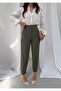 Women's Khaki Crepe Double Button High Waist Carrot Pants Frv0224