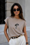 Women's Mink Palm Pattern Stone Detailed Short Sleeve Viscose Blouse