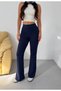 Women's Navy Blue Crepe Front Stitched High Waist Spanish Flare Pants Frv0222 - 2