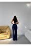 Women's Navy Blue Crepe Front Stitched High Waist Spanish Flare Pants Frv0222 - 6