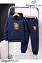 Kiz Cappy Printed Hooded Thick Cotton Inside Padding Tracksuit with Pockets Children's Top and Bottom Tracksuit Set