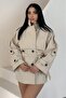 Women's Belted Cashmere Trench Coat Jacket Stand Collar Double Button Oversize Coat - 6