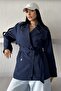 Women's Belted Linen Trench Coat Double-Breasted Buttoned Lined Seasonal Oversize Trench Jacket