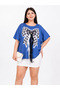 Plus Size Lycra Crew Neck Bow Printed Tulle Lace Detailed Women's Short Sleeve Blouse
