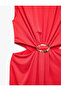 Draped Window Detail with Metal Accessories, Crew Neck, Sleeveless Long Evening Dress - 4