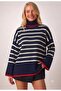 Women's Navy Blue Striped Turtleneck Red Striped Oversized Knitwear Sweater - 6