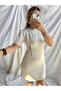 Women's Stone Beige Color Cycling Collar Short Sleeve Super Mini Brooch Dress - 3