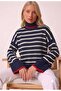 Women's Navy Blue Striped Turtleneck Red Striped Oversized Knitwear Sweater - 3
