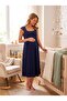 New Season Navy Blue Wide Strap Buttoned Breastfeeding Compatible Design Lace Detailed 100% Cotton Maternity Nightgown - 5