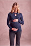 Maternity Viscose Navy Blue Long Sleeve Choker Collar Blouse with Inner Undershirt and Breastfeeding Feature Melanie - 4