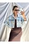 Women's Blue Color Stone Embellished Tassel Detailed Pocketed Cropped Short Jean Jacket - 7