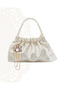 Ekru Satin Crystal Glass Stone Design Made with Pearl Handle, Foldable Bag, for Evening Dresses, Daily Use, Events, Celebrations..17