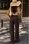 Brown Linen Effect Loose-Fit Tie-Waist Trousers - 3