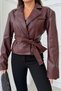 New Season Premium Women's Double-Breasted Belted Burgundy Leather Jacket - 4