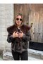Women's Leather Jacket with Fur Collar and Belt at the Waist - 9