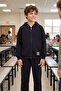 Boy's Hooded Zippered Black Color 2-Strand Brushed Fabric Tracksuit Set - 3