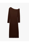Slit Ruched Slim Fit Long Sleeve Asymmetrical Boat Neck Midi Dress - 6