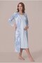 Women's Blue Patterned Long Sleeve Lace Maternity Nightgown and Robe Set - 4
