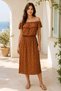 Women's Brown Polka Dot Patterned Madonna Collar Flounce Elastic Waist Midi Summer Dress - 2