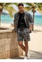 Relaxed Fit Patterned Long Sleeve Lapel Collar Summer Cotton Shirt Shorts Set