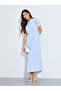 Blue Solid Short Sleeves Collarless Shirt Maxi Dress - 3