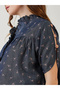 Blue Denim Cotton Top with Ruffle Neckline and Flamingo Print - 5