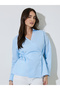 Light Blue Solid Tie-Up Waist Collared Peplum Blouse - 3