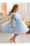 Girls Light Blue Sequin Embellished Tulle Details A-Line Midi Dress - 3