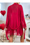 Burgundy Lace Trim Satin Slip and Robe Set - 5
