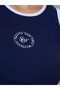 Navy Blue Contrast Trims Fitted Ribbed Tank Top with Slogan Embroidery - 4
