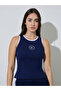 Navy Blue Contrast Trims Fitted Ribbed Tank Top with Slogan Embroidery - 3