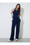 Navy Blue Contrast Trims Fitted Ribbed Tank Top with Slogan Embroidery - 2