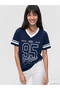 Xside Navy Blue Printed 100% Cotton Oversize Women's T-Shirt