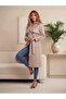 Women's Trendy Below Knee Bondik Water Repellent Fabric Lined Buttoned Belted Trench Coat Beige - 4