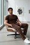 Men's Coffee-Beige Ribbed Lisbon Cotton Crew Neck T-Shirt Double Ribbed Sweatpants Casual Combination Set - 3