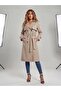 Women's Trendy Below Knee Bondik Water Repellent Fabric Lined Buttoned Belted Trench Coat Beige - 3