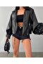 Faux Leather Wide Sleeve Bomber Jacket - 2